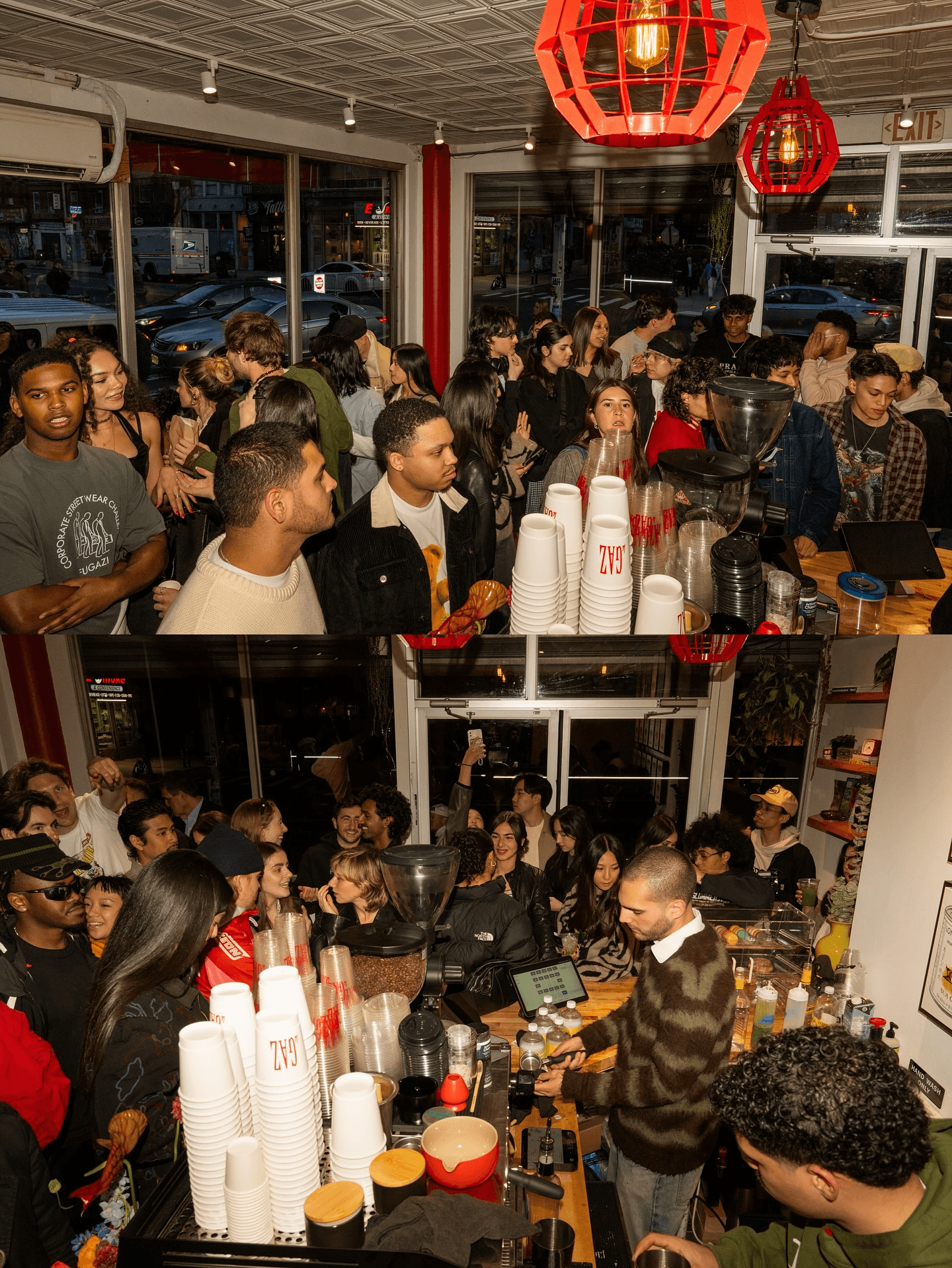Customers paying at a busy cafe counter